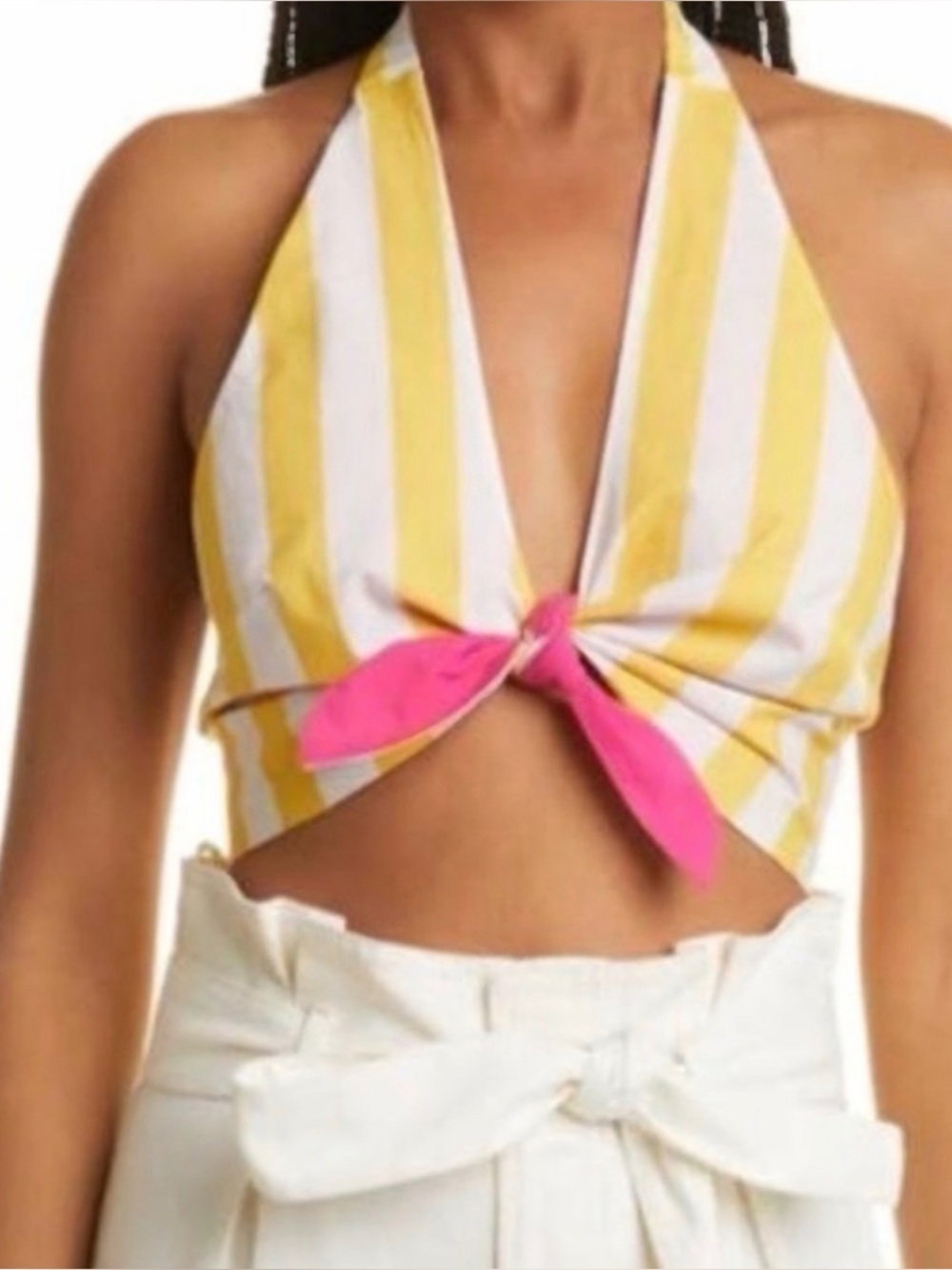 Farm Rio Reversible Halter Crop Top Yellow White Stripe Pink Tie Front Medium